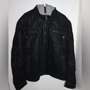 Men's Black Faux Leather Jacket with Gray Collar